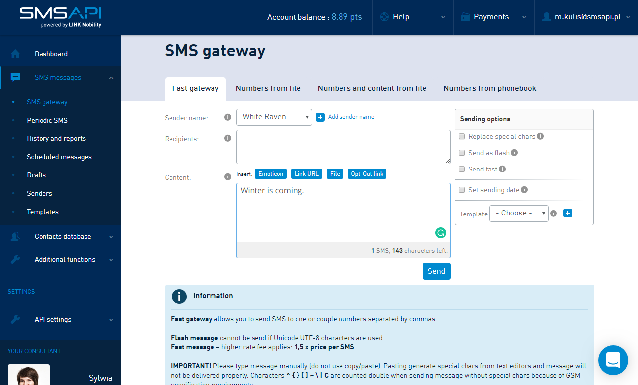 SMSAPI Customer Portal Dashboard view