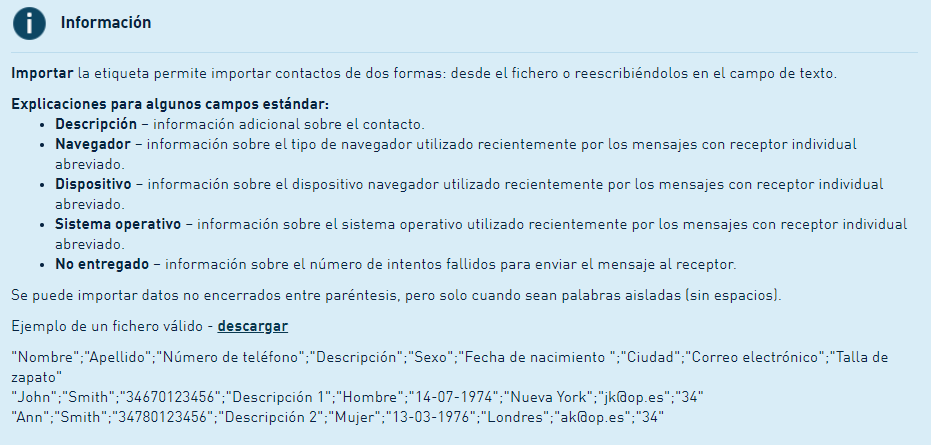 Informacion SMS content