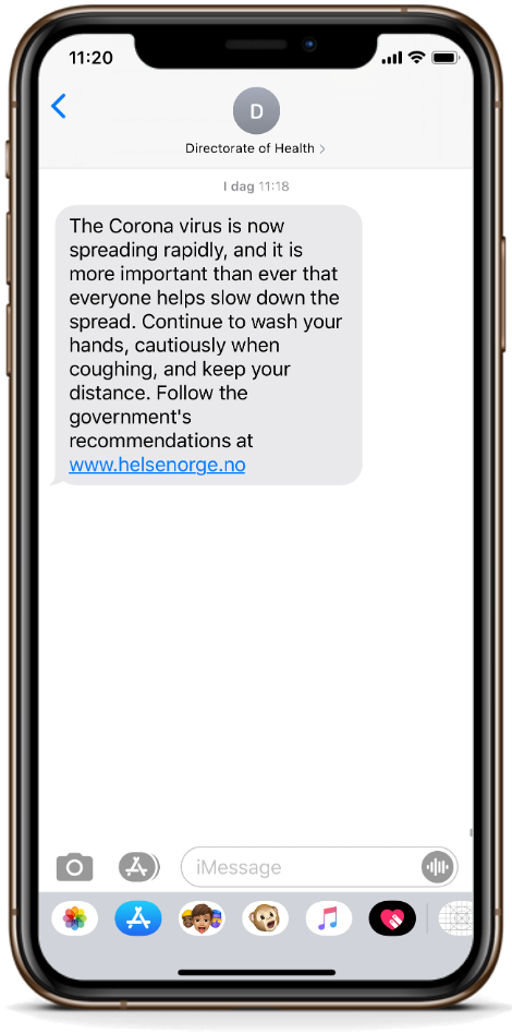 An SMS informing about COVID-19 sent by Norwegian Directorate of Health