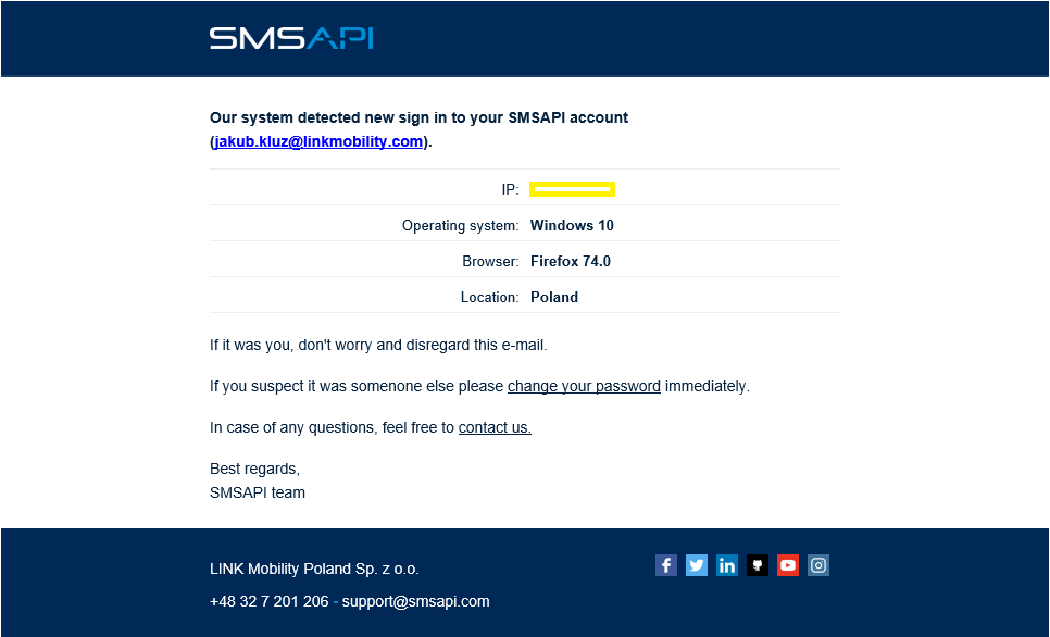 A security e-mail from SMSAPI