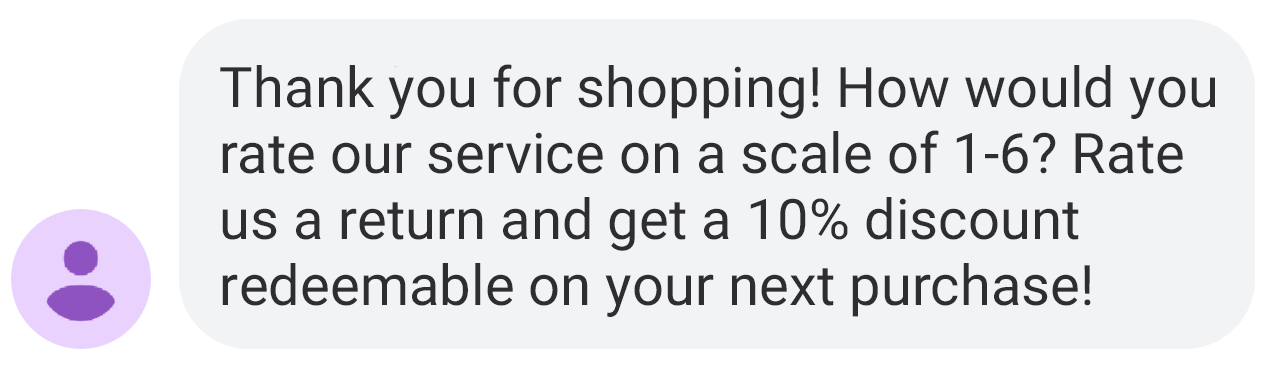 An example of a text message: Thank you for shopping! How would you rate our service on a scale of 1-6? Rate us a return and get a 10% discount redeemable on your next purchase!