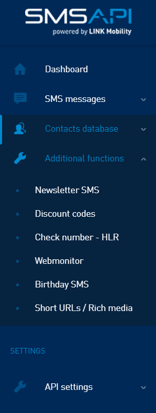 Additional functions menu in the SMSAPI Customer Portal