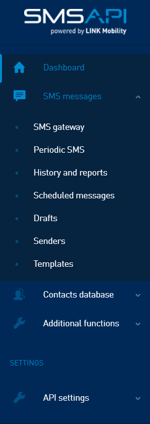 SMSAPI Customer Portal - Main Menu