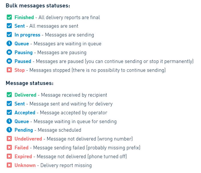 Bulk SMS delivery statuses