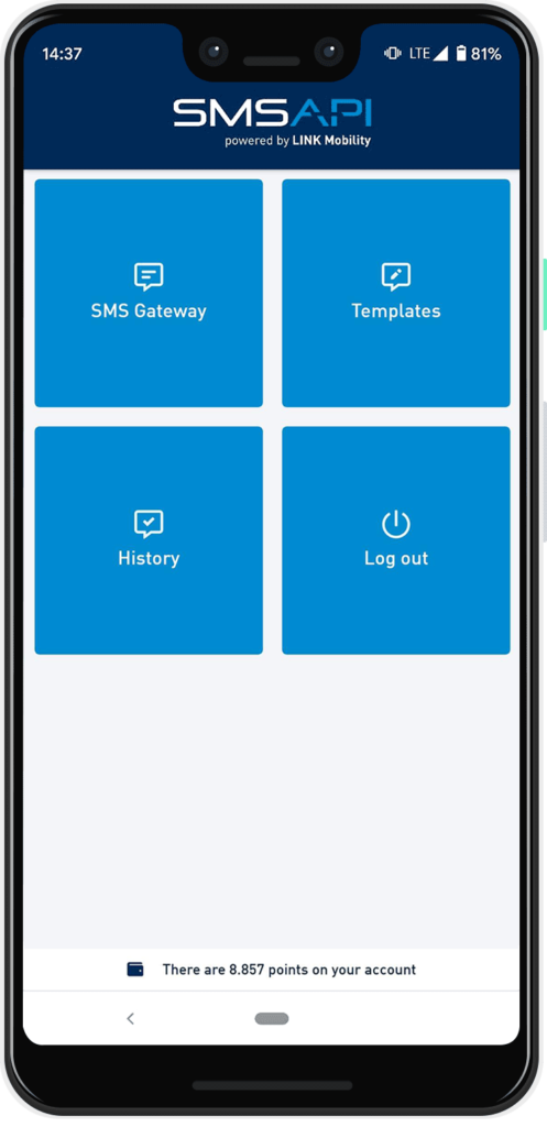 Dashboard of the SMSAPI bulk SMS app