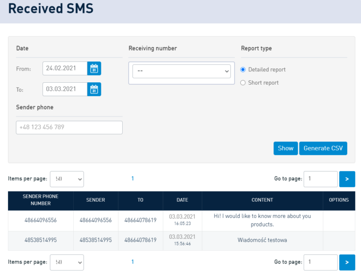 Received SMS in SMSAPI Customer Portal