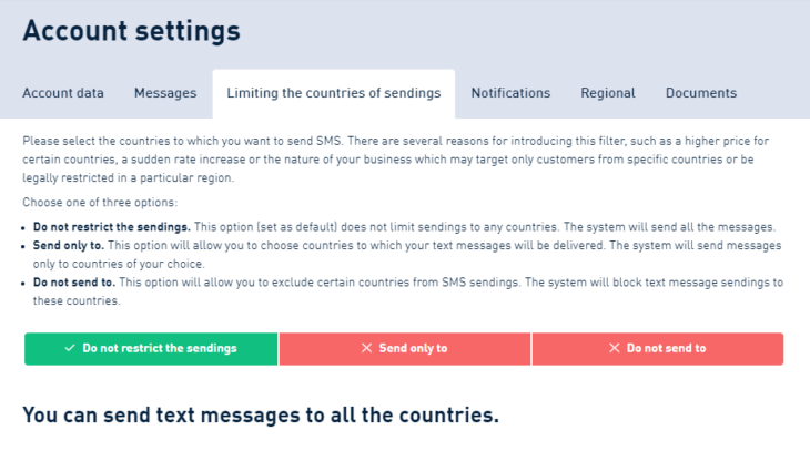 Country filtering no restrictions to SMS messaging