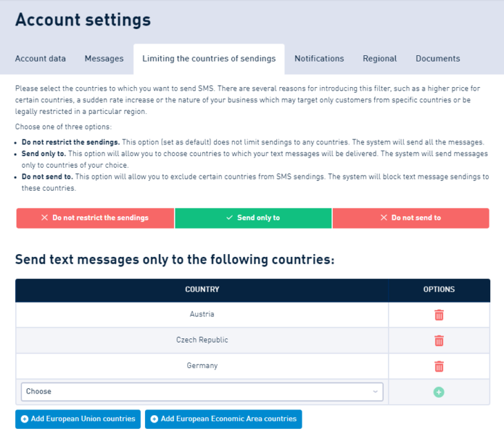 Country filtering business SMS messaging