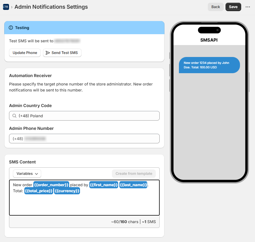 Shopify SMS admin notifications