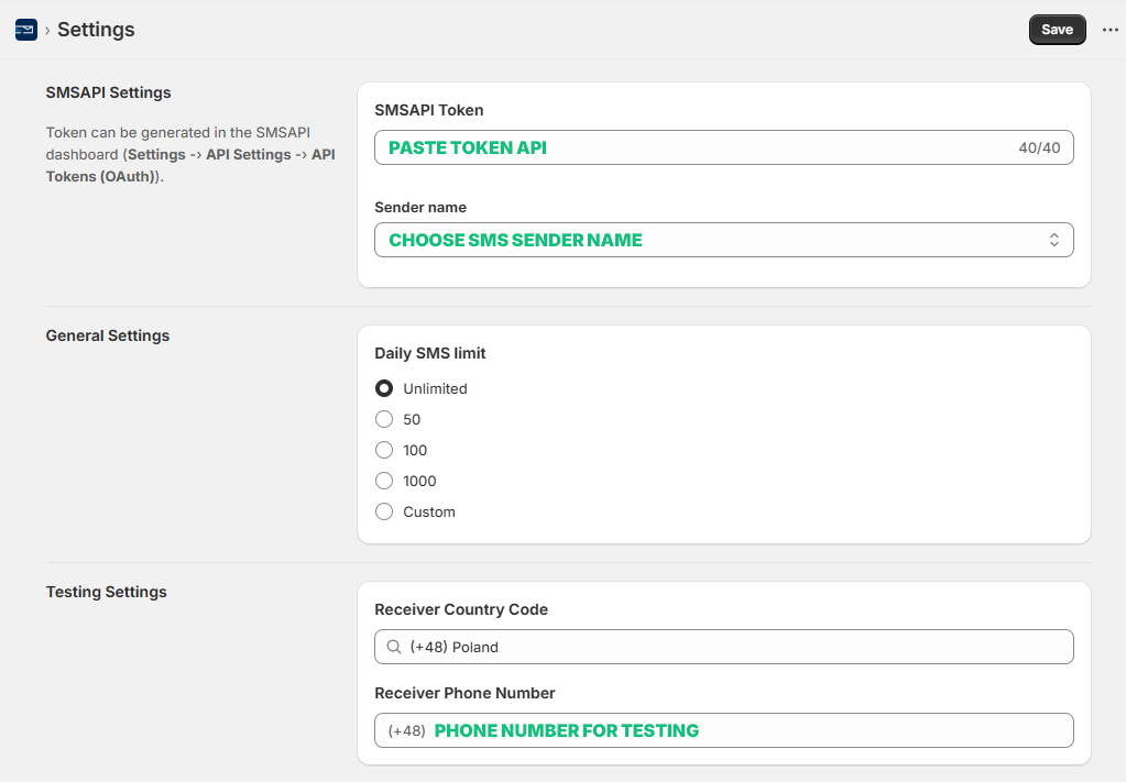 SMS Shopify settings