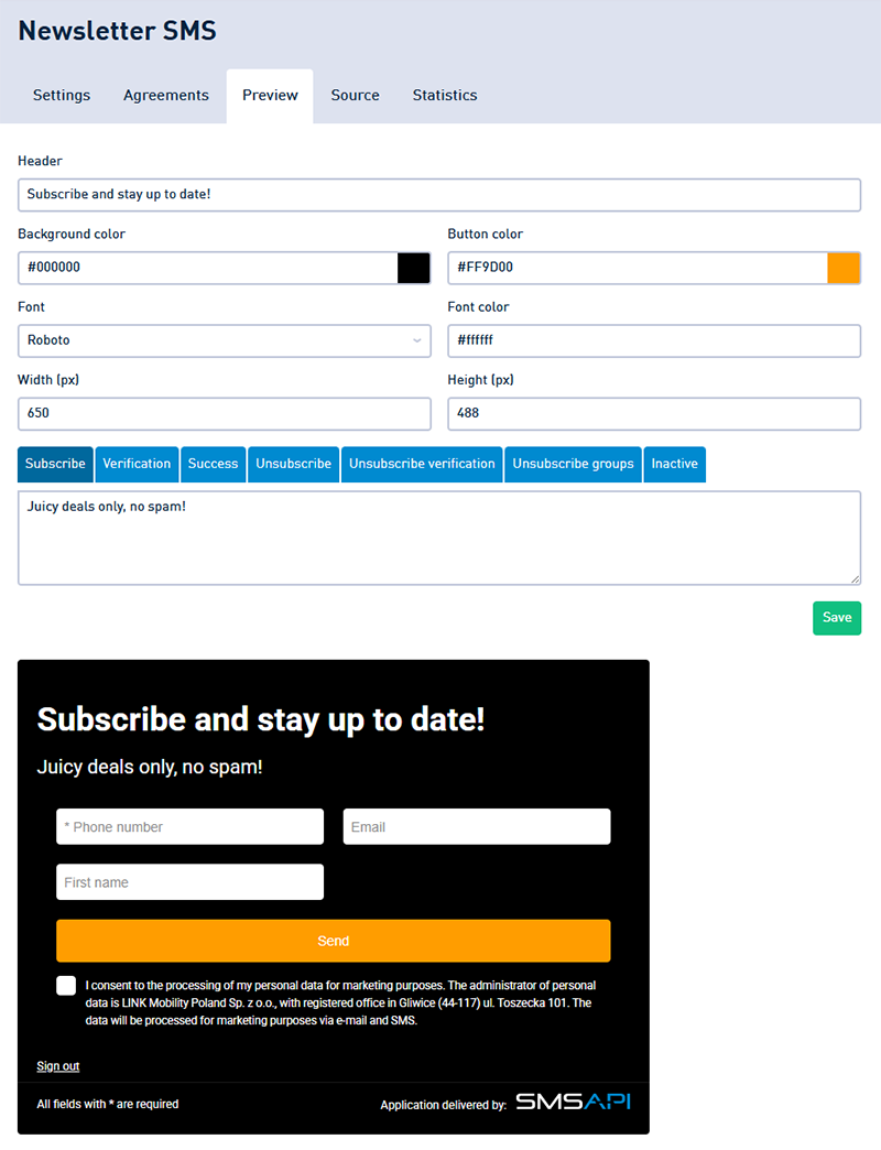 Example of SMS newsletter