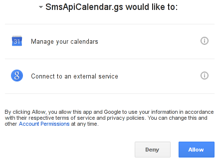 SMSAPI access preference settings for Google Calendar