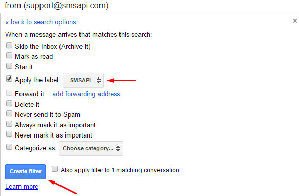 Create filters with the SMSAPI label in Gmail