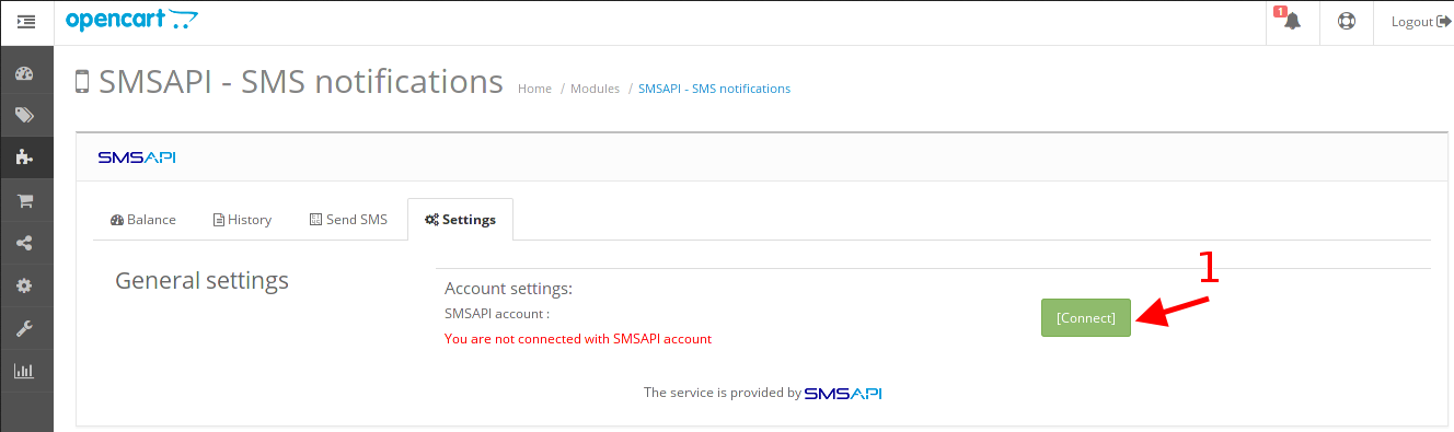 SMSAPI module configuration for bulk SMS sending in Opencart